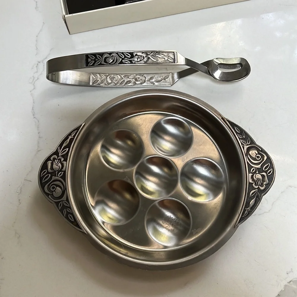 Vintage Escargot Serving Set Stainless Steel Plate & Tongs - Vintage in Box